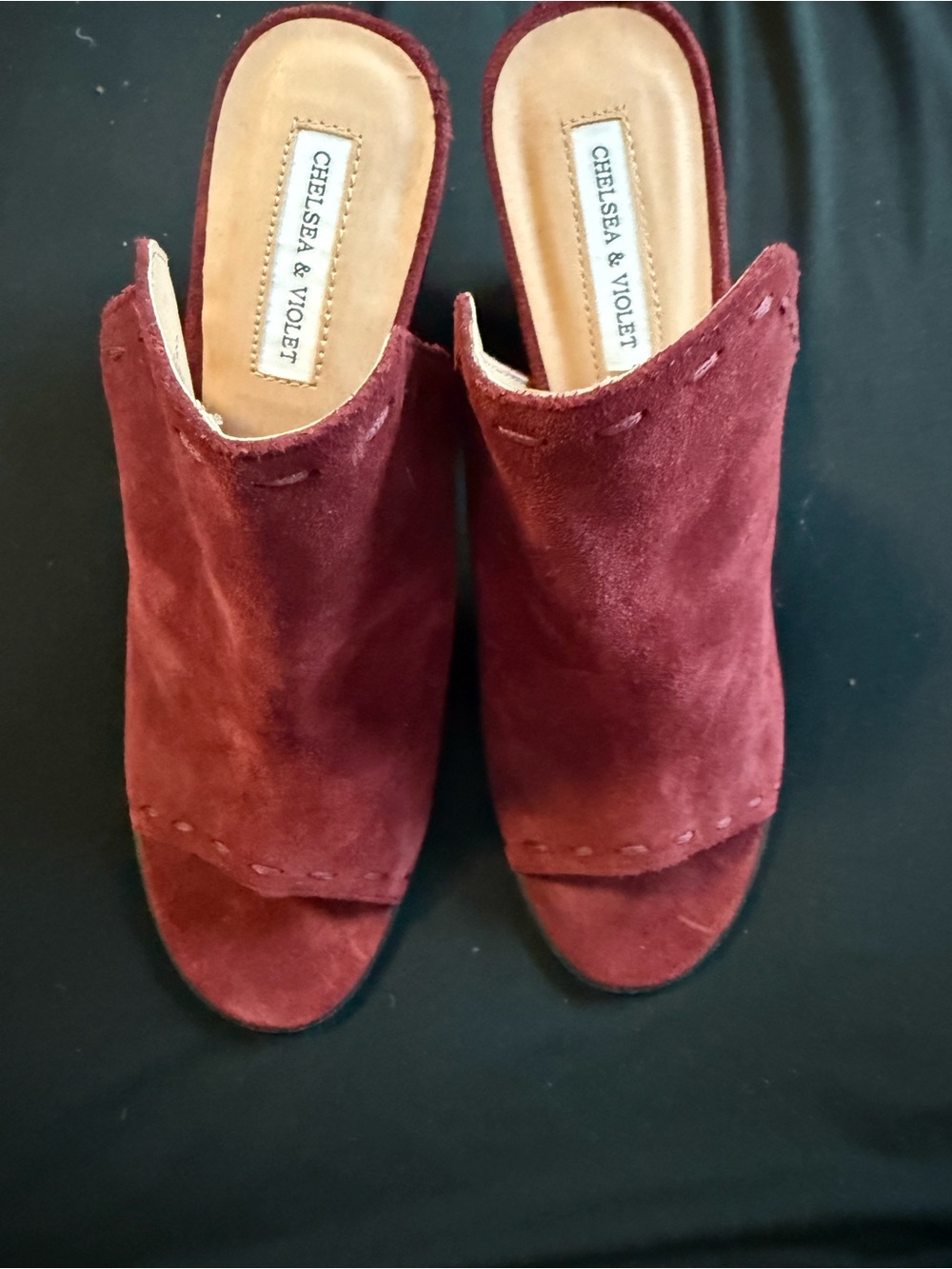Chelsea & Violet Burgundy Suede Open-Toe Slip-On Mules